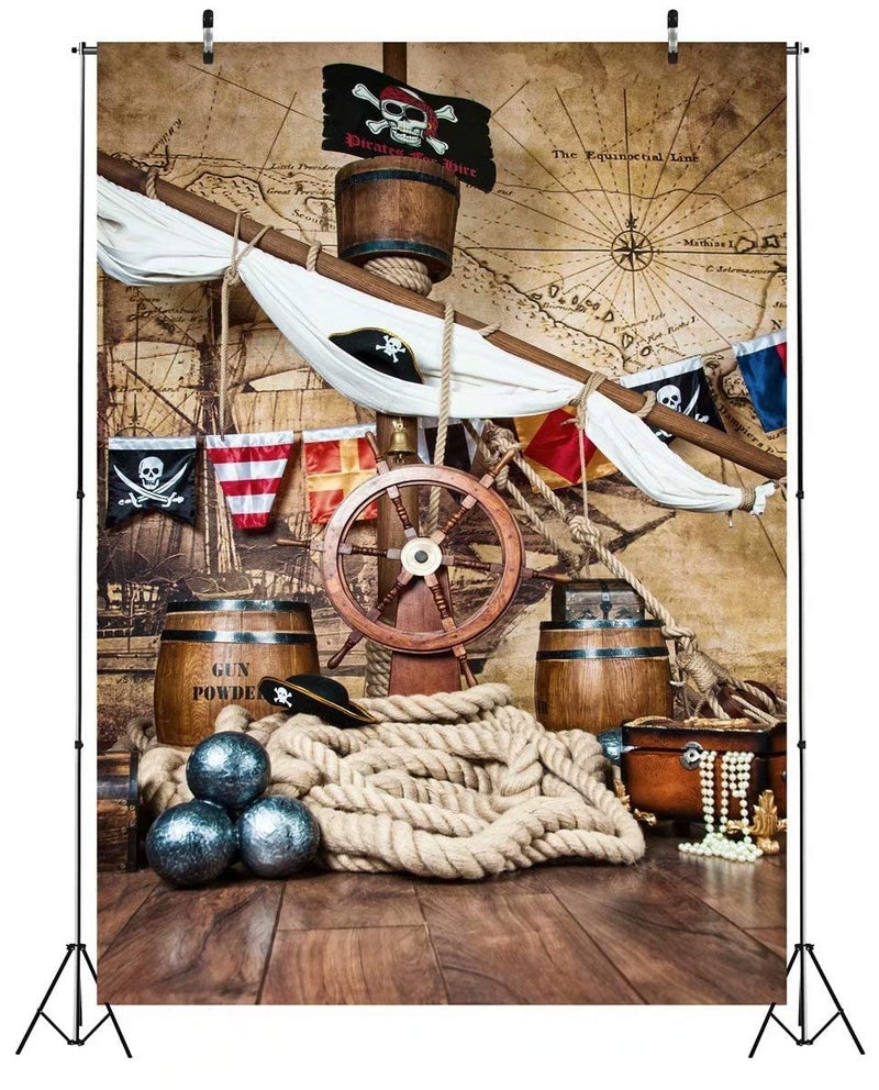 BELECO 5x7ft Fabric Pirate Backdrop Pirates Ship Deck Steering Wheel Skull Flag Background Pirate Theme Party Decorations Kids Boy Adult Birthday Baby Shower Photo Props - Image 3